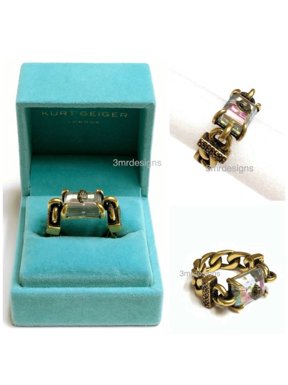 NIB KURT GEIGER EAGLE HEAD Antique Gold Tone Iridescent Crystal Ring